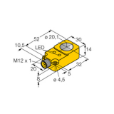 BI20R-Q14-AP6X2-H1141 Датчик индуктивный кольцевой D=20,1 мм, прямоугольный, высота 14 мм, 3-проводн., 10…30 VDC, НО контакт, PNP, настраиваемый статический выход, разъем M12 x 1