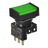 S16PRT-H3GC5 Кнопочный выключатель, прямоугольный, 16 мм,с ограждением с 2-х сторон, с возвратом, с подсветкой LED 5VDC, цвет зеленый, блок контактов перекидной 1С, 3A  250VAC.