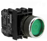 B102FY Кнопка нажимная круглая Ø22 мм. c фиксацией, зеленая (1НО+1НЗ) IP50