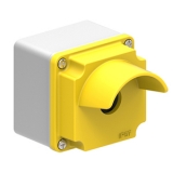 LPZM1A5P в металлическом корпусе корпус для пультов управления под 1 кнопку d=22 мм, желтый корпус с козырьком, 80х80х108 мм