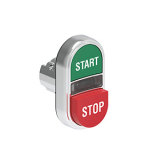 LPSBL7233 Двойная кнопка нажатия без фиксации с белым световым индикатором, с одной выступающей и одной утопленной кнопками, цвета зеленый и красный, символы START и STOP, без крепежного основания LPXAU120M