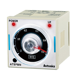 AT8PMN-7 Аналоговый таймер от 0,05 мин до 10 мин. Питание 100-110VDC; Задержка по Выкл. питания; Запуск при ВЫКЛ. Питания. 8-конт. штекер; 2НО+2НЗ с задержкой