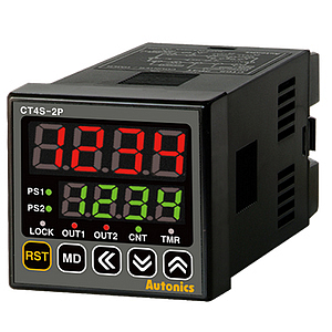 CT4S-2P4T Счётчик-таймер, 1/16 DIN, 4-разрядный, СИД, 2 уставки, 2 релейных выхода & 1NPN-выход с открытым коллектором, выход RS485, 100-240VAC