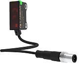 PST-TM2DR-F3 Оптический датчик на пересечении луча, прямоугольный корпус, 14,5x8,8x21,8 мм, пластиковый, красный, 640 нм, питание 10-30VDC, расст. сраб. Sn=2 м, IP67, T-тип, кабель 20 см с разъёмом M8 3-pin / излучатель