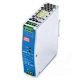 NDR-75-12, Блок питания AC-DC на DIN-рейку 75Вт, вход 90:264V AC, 47:63Гц /127:370В DC, выход 12В/6.3A, рег. вых 12...14В, изоляция 3000В AC, в кожухе 32х125.2х102мм, -20:+60°С