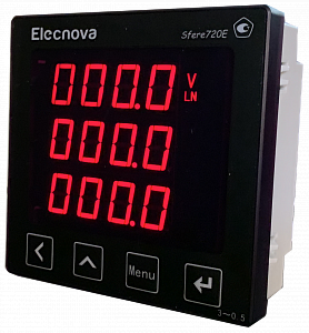 Sfere720E Многофункциональный электроизмерительный прибор, Iвх-5A, 380VAC, тип индикатора - LED, питание АС/DC 80-270В, размеры лицевой панели 96х96 мм, вырез в щите 91x91 мм, Выходы: порт связи RS485 (протокол Modbus-RTU), импульсный выход, IP54, Tемпера
