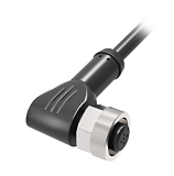 QE12-N5G20 Разъём угловой с кабелем. разъём: M12, 5-pin, мама (гнездо), медно-никелевый сплав + PVC, Imax-4A, 250VAC/DC, IP67, -30˚С…90˚С; Кабель: 5-жильный, длина 20 м